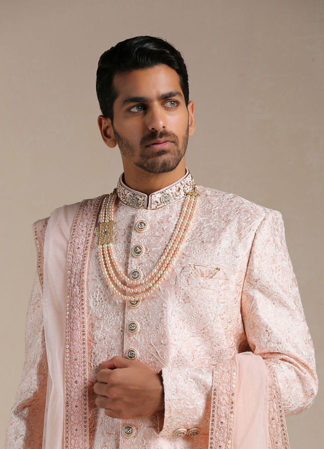 alt message - Manyavar Men Cherry Blossom Pink Floral Patterned Sherwani Set image number 1